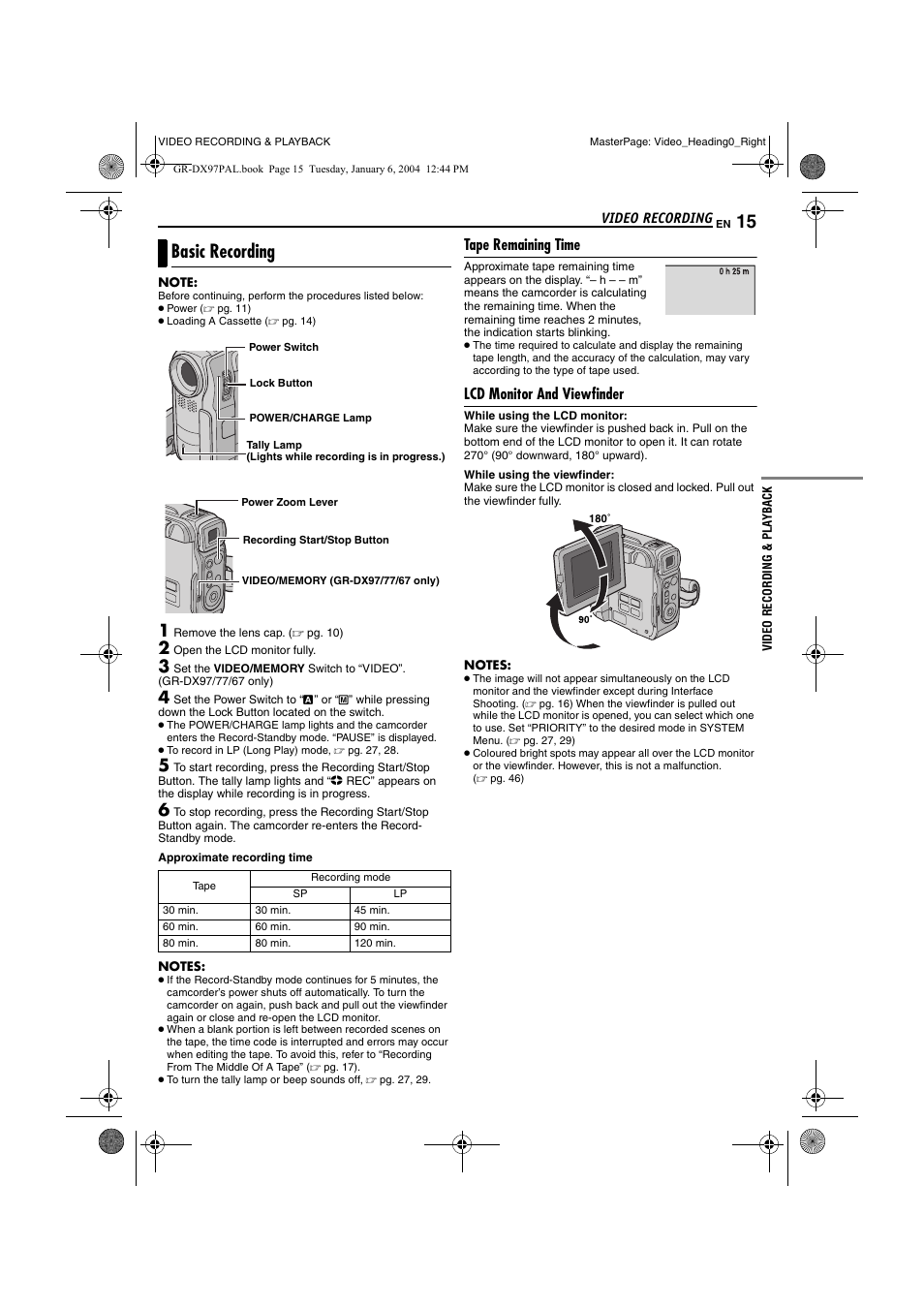 Video recording, Basic recording, Tape remaining time | Lcd monitor and viewfinder, Video recording & playback, Tape remaining time lcd monitor and viewfinder, N (੬ pg. 15), Pg. 15, Pg. 15, 16), R (੬ pg. 15) | JVC GR-DX28 User Manual | Page 15 / 52