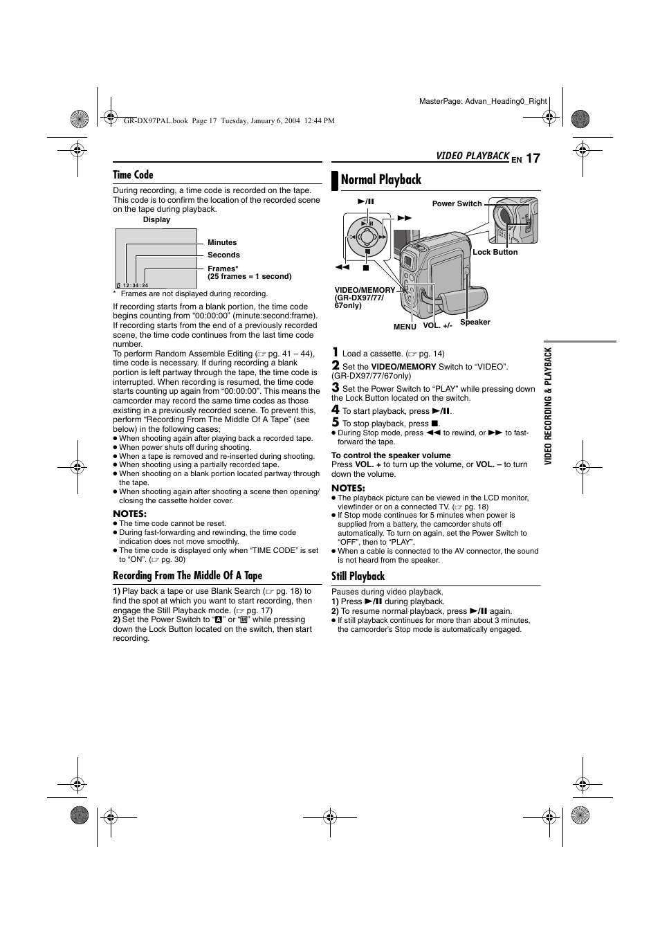 Time code, Recording from the middle of a tape, Video playback | Normal playback, Still playback, Time code recording from the middle of a tape, Pg. 17) | JVC GR-DX28 User Manual | Page 17 / 52