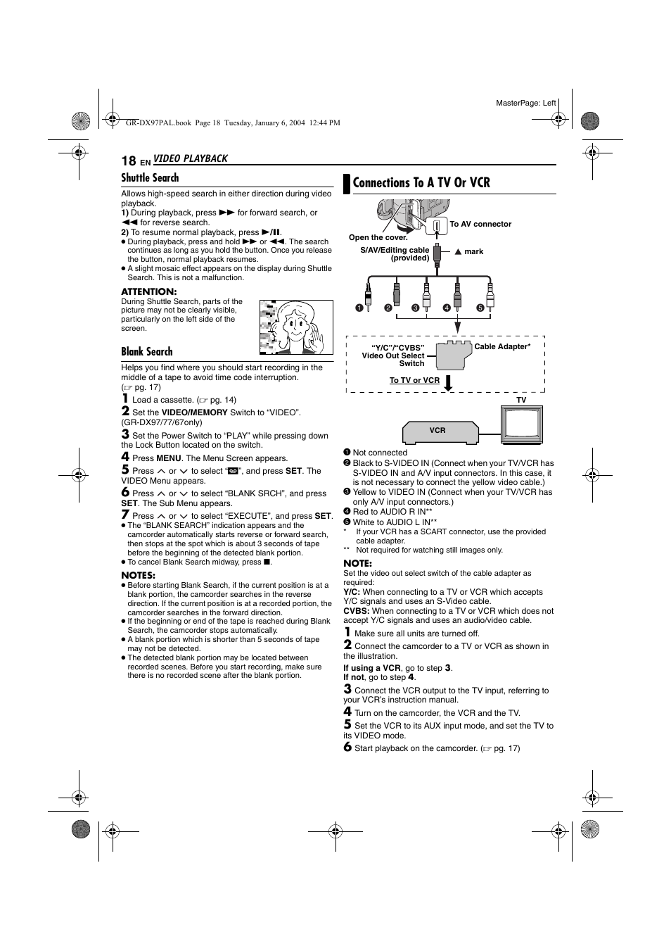 Shuttle search, Blank search, Connections to a tv or vcr | Shuttle search blank search, Pg. 18, R (੬ pg. 18), Pg. 18) t, Pg. 18) | JVC GR-DX28 User Manual | Page 18 / 52