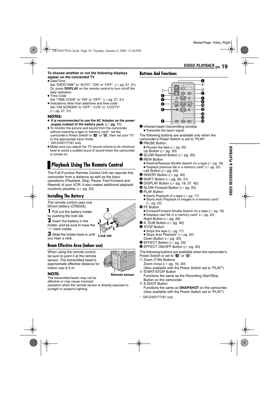 Playback using the remote control, Installing the battery, Beam effective area (indoor use) | Buttons and functions, Pg. 19) | JVC GR-DX28 User Manual | Page 19 / 52