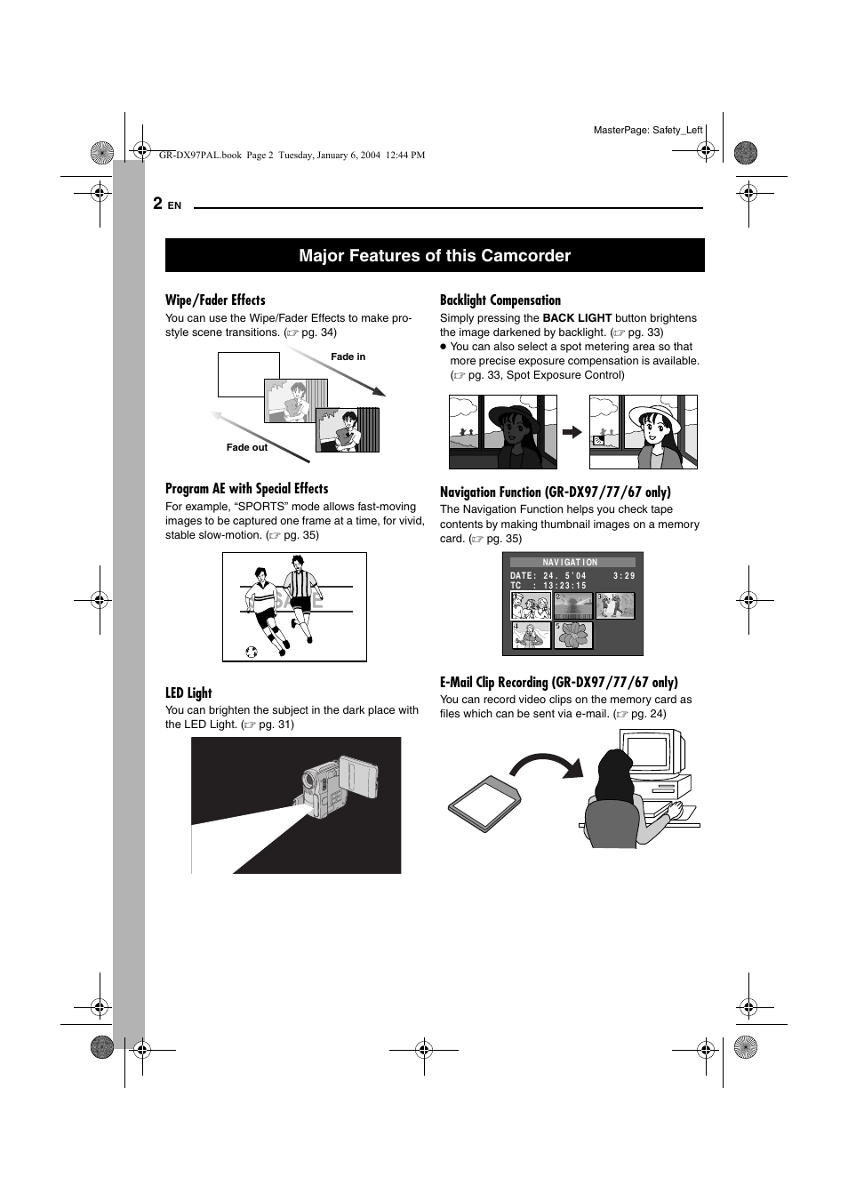 Major features of this camcorder, Wipe/fader effects, Program ae with special effects | Led light, Backlight compensation | JVC GR-DX28 User Manual | Page 2 / 52