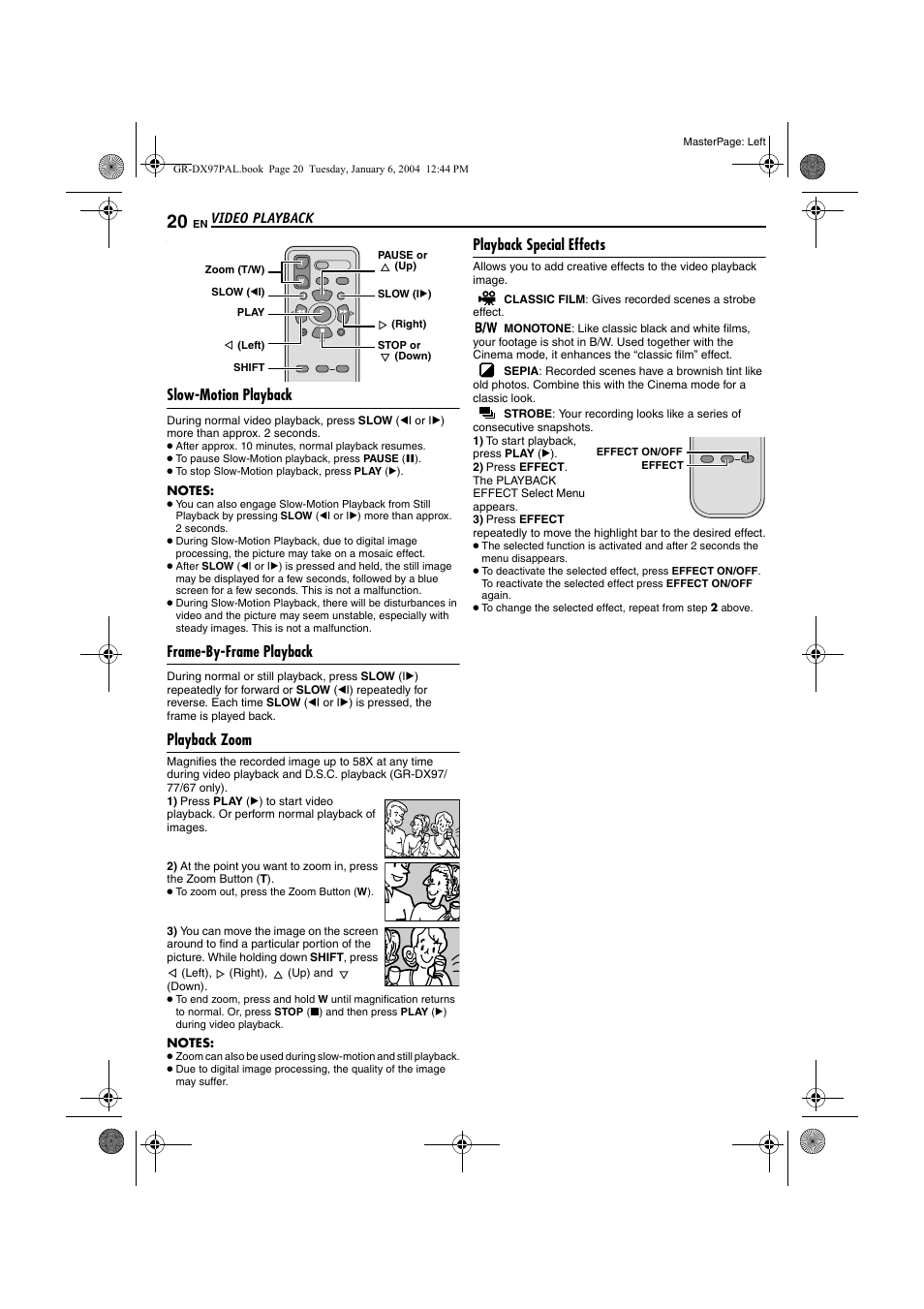 Slow-motion playback, Frame-by-frame playback, Playback zoom | Playback special effects, Pg. 20), Pe (੬ pg. 20), N (੬ pg. 20), Pg. 20, 41 | JVC GR-DX28 User Manual | Page 20 / 52