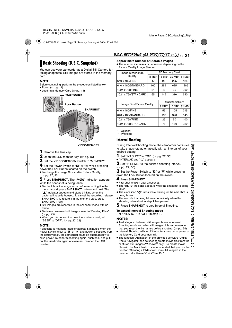 D.s.c. recording (gr-dx97/77/67 only), Basic shooting (d.s.c. snapshot), Interval shooting | T] (੬ pg. 21, Pg. 21), Pg. 21 | JVC GR-DX28 User Manual | Page 21 / 52