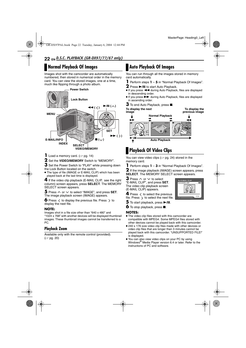 D.s.c. playback (gr-dx97/77/67 only), Normal playback of images, Playback zoom | Auto playback of images, Playback of video clips, Pg. 22, 23, Pg. 22) | JVC GR-DX28 User Manual | Page 22 / 52