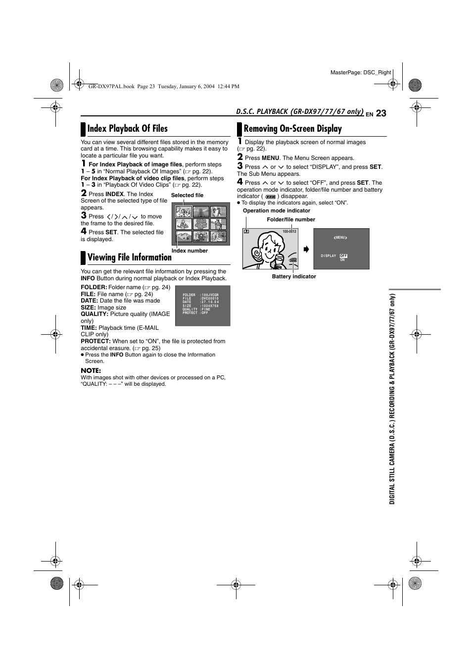 Index playback of files, Viewing file information, Removing on-screen display | Pg. 23), R (੬ pg. 23), Er (੬ pg. 23), Index playback of files viewing file information | JVC GR-DX28 User Manual | Page 23 / 52