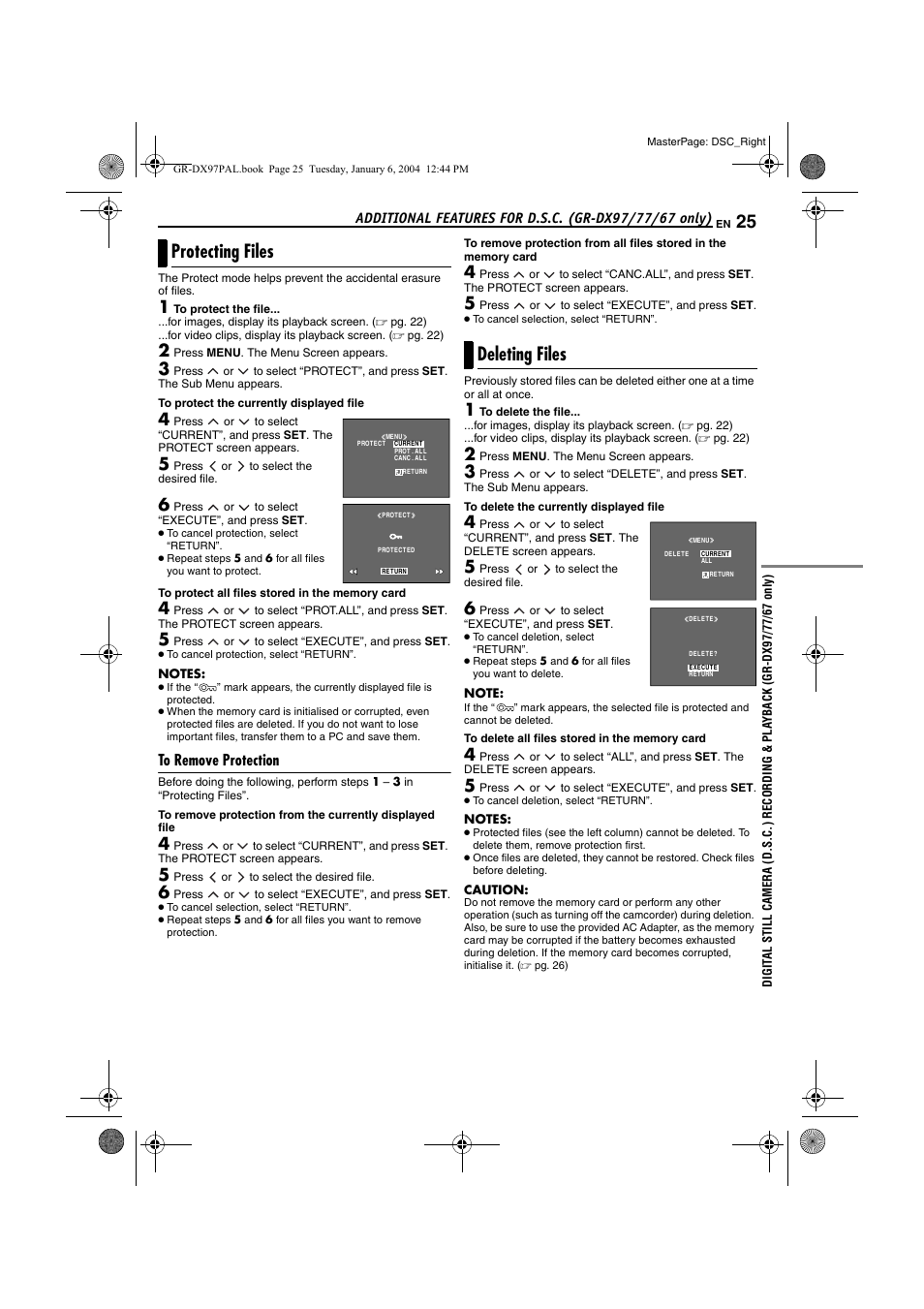 Protecting files, To remove protection, Deleting files | Protecting files deleting files, Pg. 25) | JVC GR-DX28 User Manual | Page 25 / 52