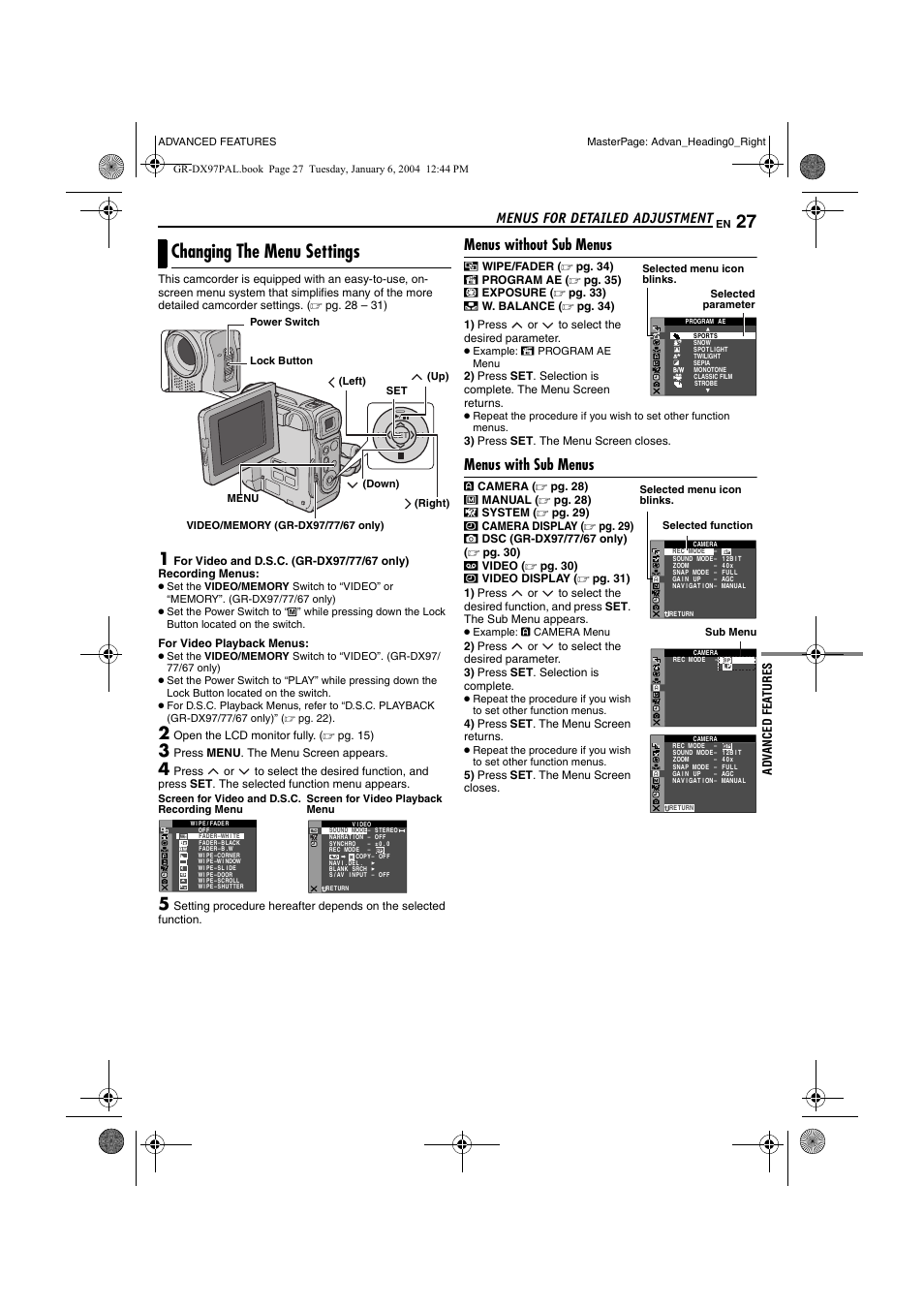 Menus for detailed adjustment, Changing the menu settings, Menus without sub menus | Menus with sub menus, Pg. 27, Advanced features, Pg. 27), Et] (੬ pg. 27), Pg. 27, 31, Pg. 27, 29) | JVC GR-DX28 User Manual | Page 27 / 52