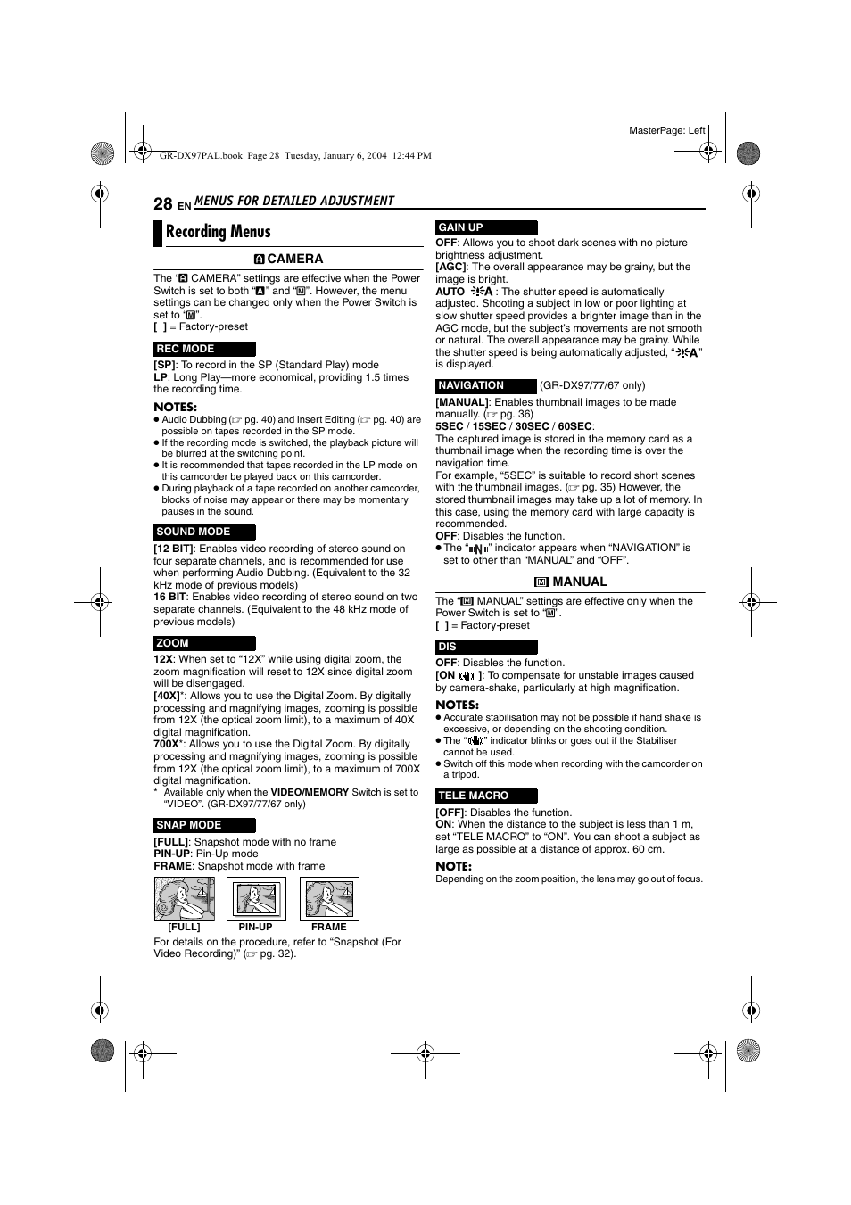 Recording menus, Pg. 28), R (੬ pg. 28) | D (੬ pg. 28), E 28 | JVC GR-DX28 User Manual | Page 28 / 52