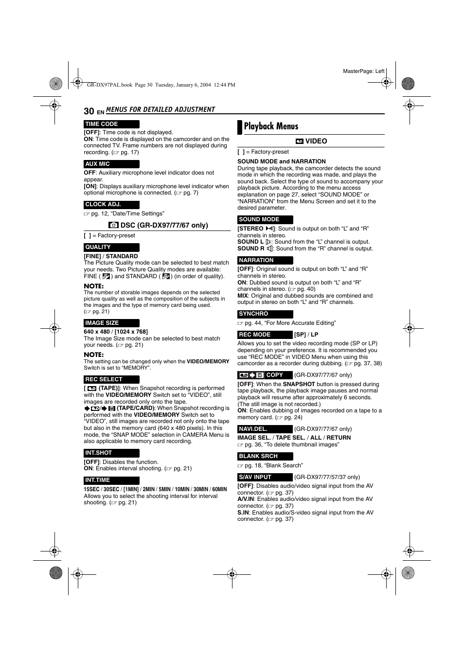 Playback menus, Pg. 30, 40), Pg. 30, “aux mic” ) | Pg. 30, Pg. 30), Pg. 30), s | JVC GR-DX28 User Manual | Page 30 / 52