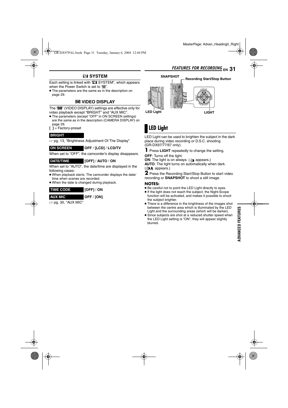 Features for recording, Led light, Pg. 31) | JVC GR-DX28 User Manual | Page 31 / 52