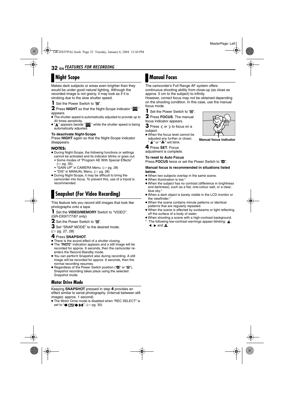 Night scope, Snapshot (for video recording), Motor drive mode | Manual focus, Snapshot (for video recording) manual focus, Ight, Pg. 32), Focus | JVC GR-DX28 User Manual | Page 32 / 52