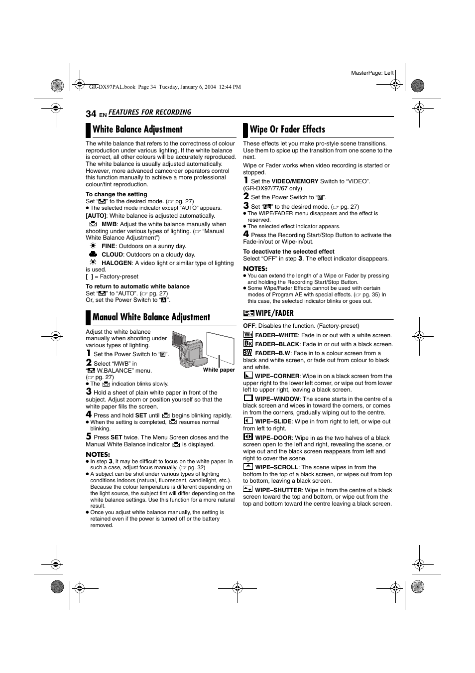 White balance adjustment, Manual white balance adjustment, Wipe or fader effects | Wipe/fader, Pg. 34), R (੬ pg. 34) | JVC GR-DX28 User Manual | Page 34 / 52