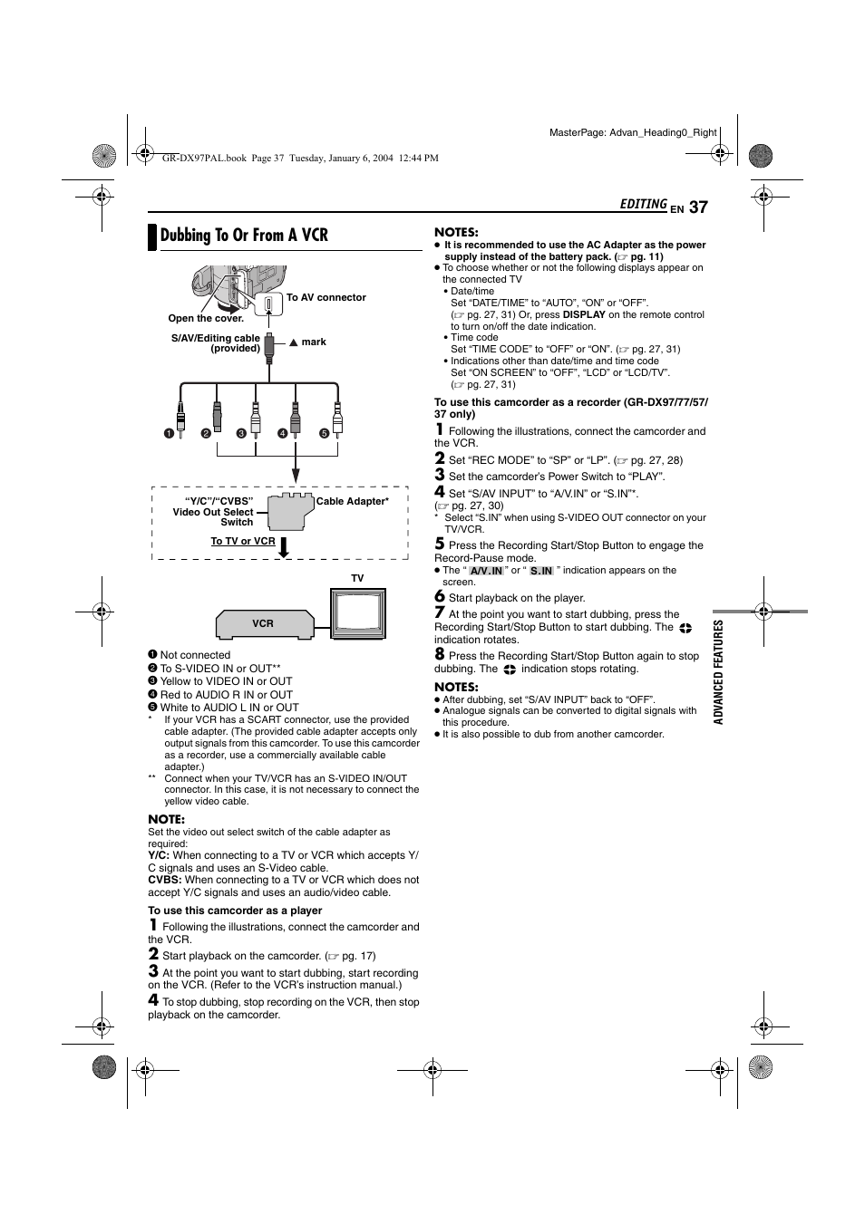 Editing, Dubbing to or from a vcr, Pg. 37 | Pg. 37) | JVC GR-DX28 User Manual | Page 37 / 52