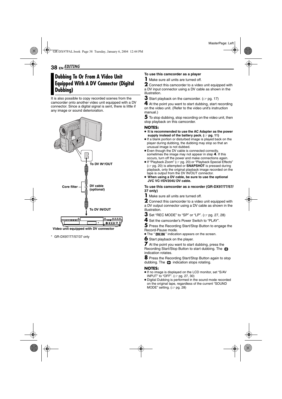 Dubbing to or from a video unit equipped with a dv, Connector (digital dubbing), Pg. 38 | JVC GR-DX28 User Manual | Page 38 / 52