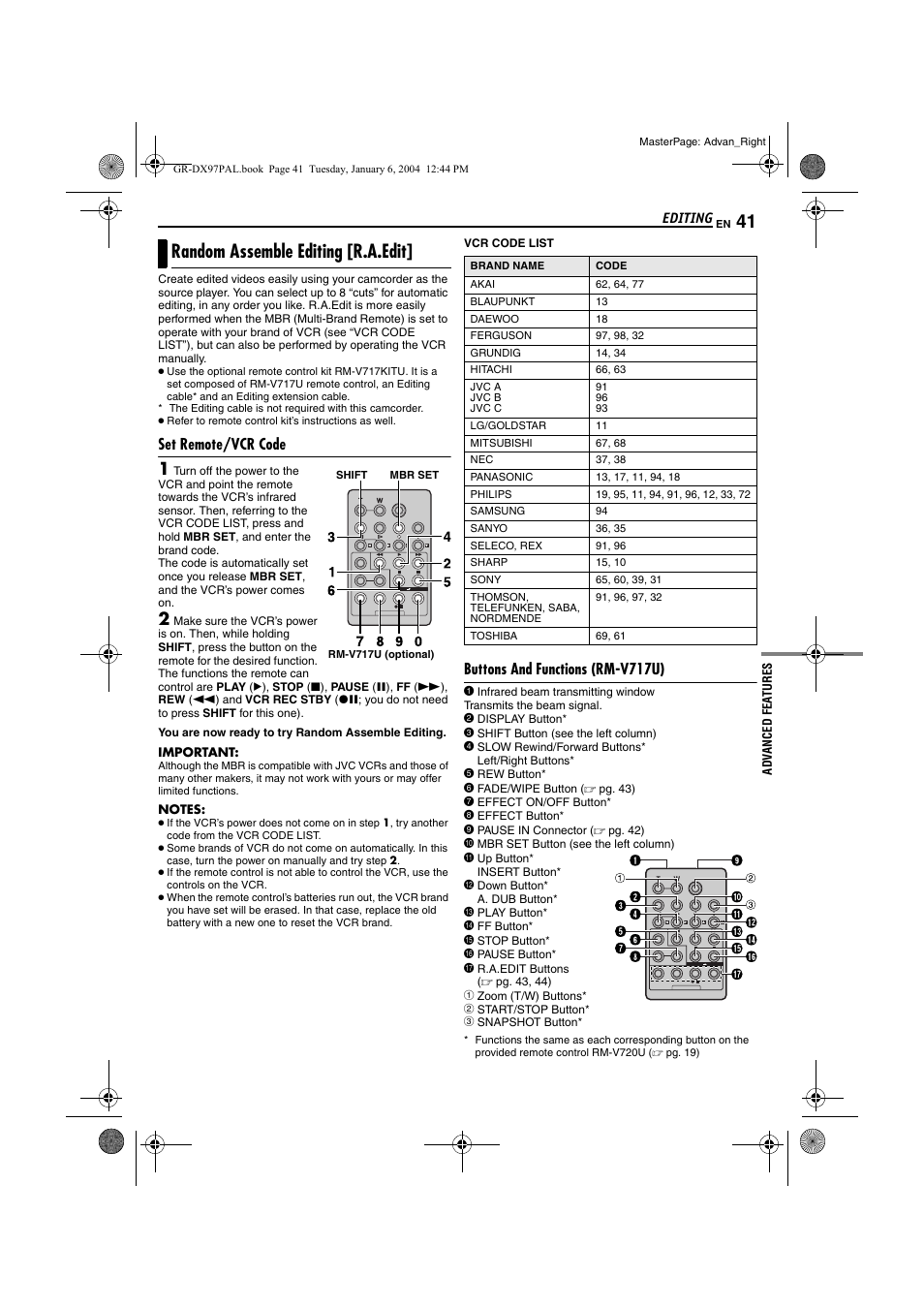 Random assemble editing [r.a.edit, Set remote/vcr code, Buttons and functions (rm-v717u) | Pg. 41 – 44 | JVC GR-DX28 User Manual | Page 41 / 52