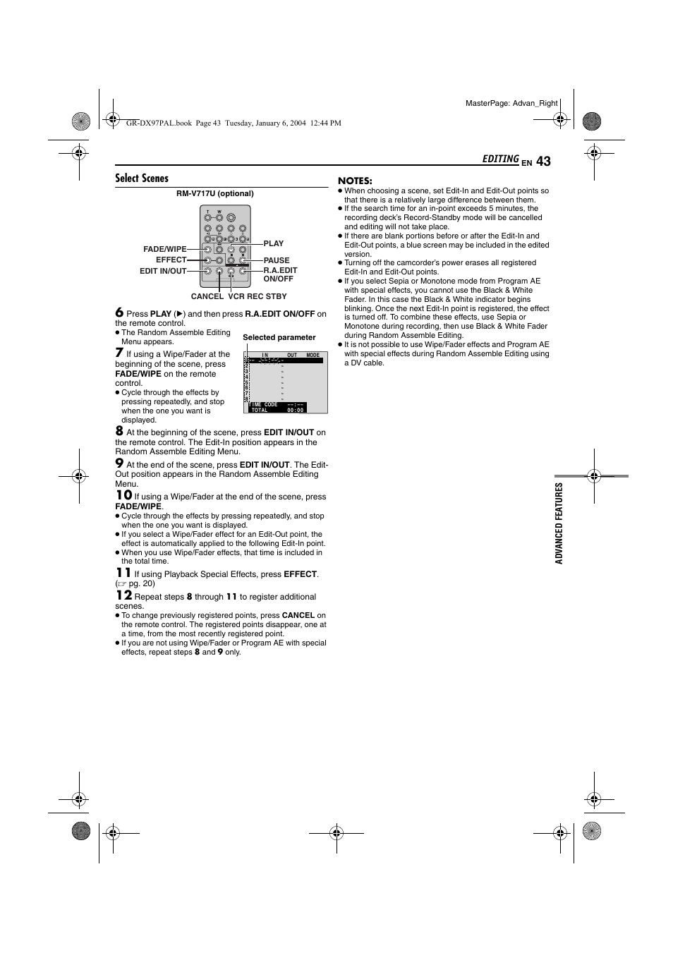 Select scenes, Pg. 43), Pg. 43, 4 | Editing | JVC GR-DX28 User Manual | Page 43 / 52