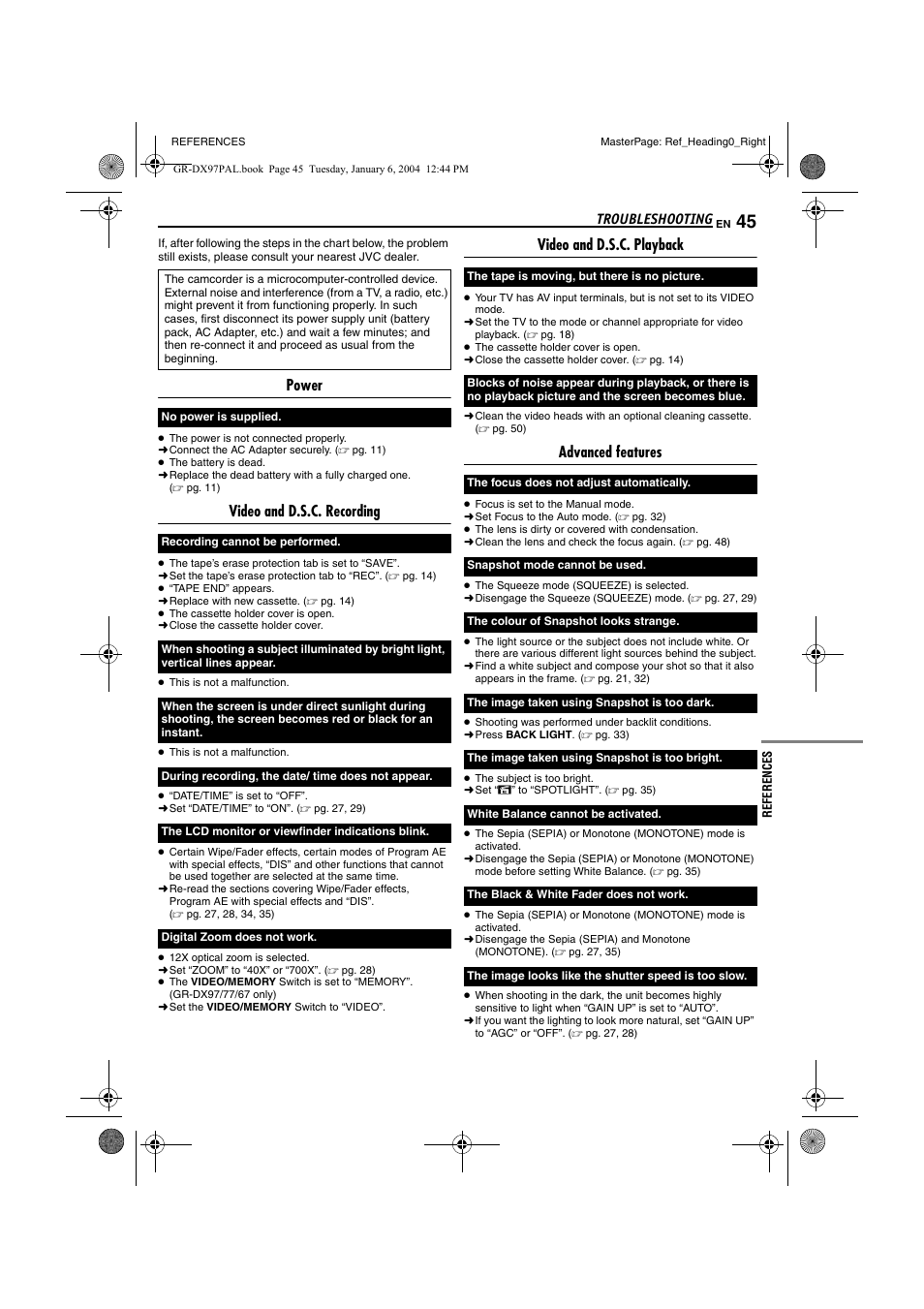 Troubleshooting, References 45, Power | Video and d.s.c. recording, Video and d.s.c. playback, Advanced features | JVC GR-DX28 User Manual | Page 45 / 52