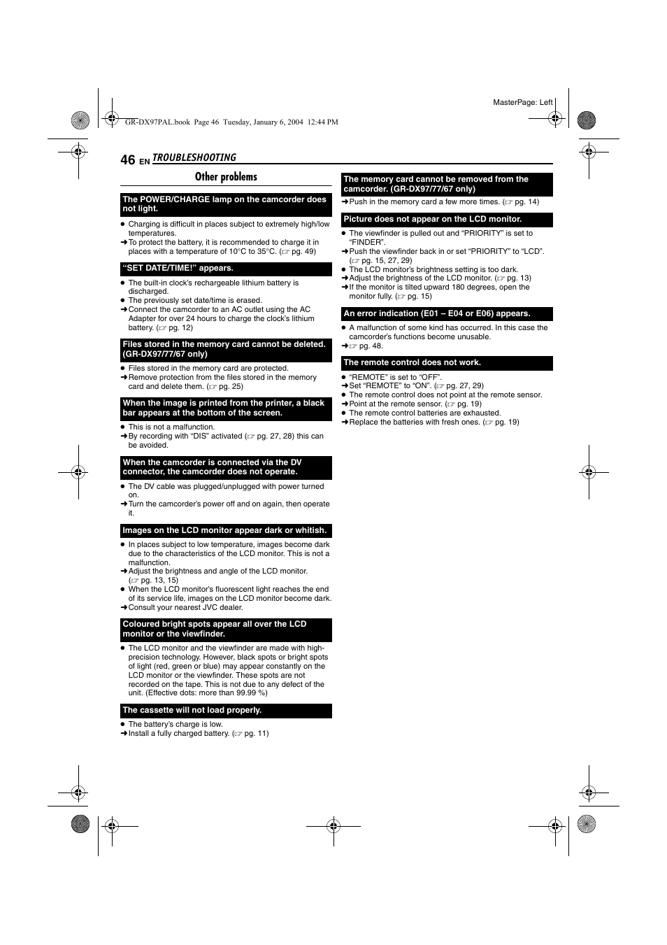 Troubleshooting, Other problems | JVC GR-DX28 User Manual | Page 46 / 52