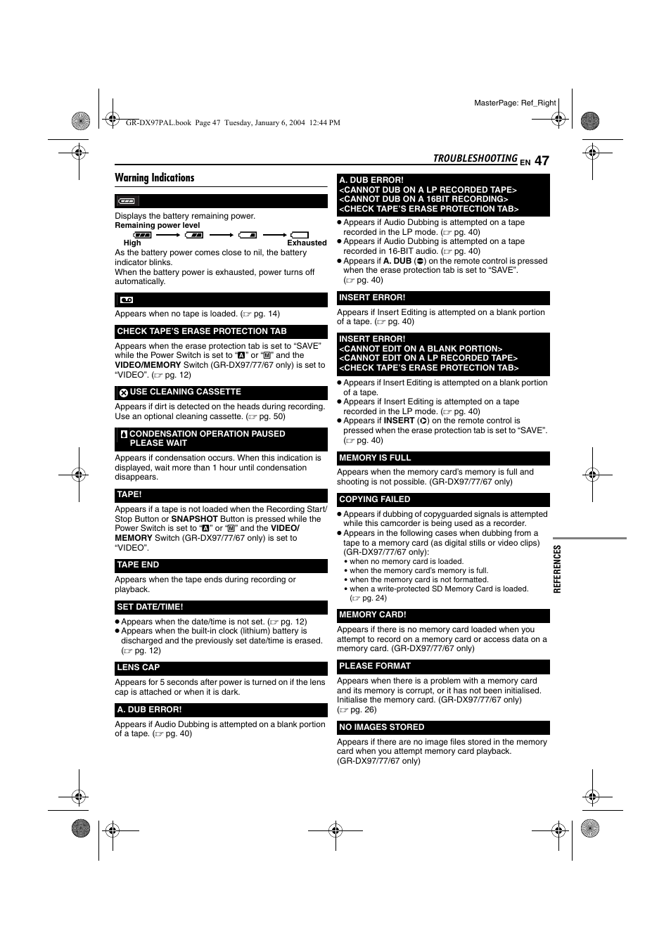 Warning indications, Pg. 47), R (੬ pg. 47) | Pg. 47 | JVC GR-DX28 User Manual | Page 47 / 52