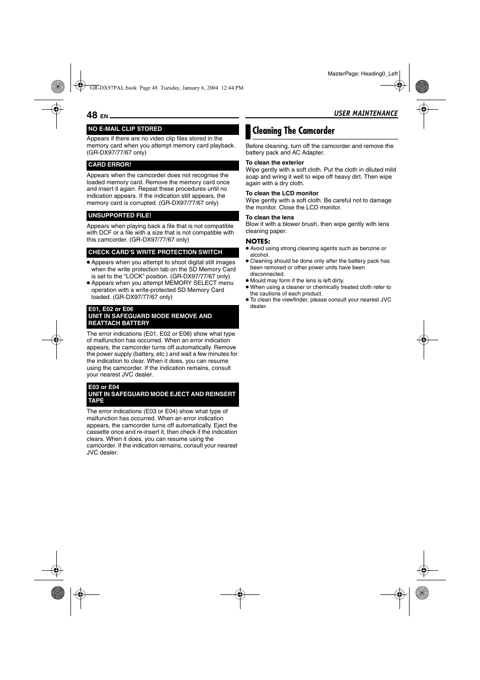 User maintenance, Cleaning the camcorder, 48) are | Pg. 48), Pg. 48 | JVC GR-DX28 User Manual | Page 48 / 52