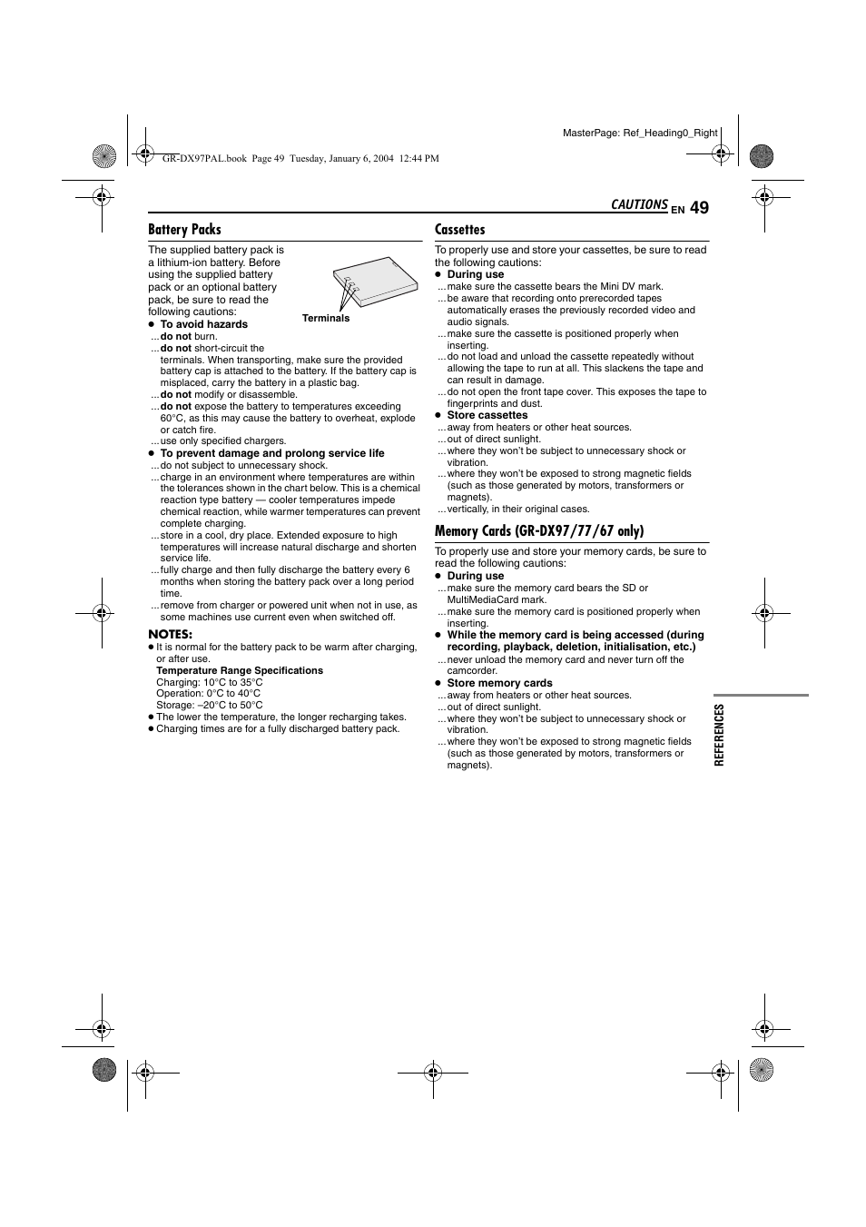 Cautions, Battery packs, Cassettes | Memory cards (gr-dx97/77/67 only), Pg. 49) | JVC GR-DX28 User Manual | Page 49 / 52