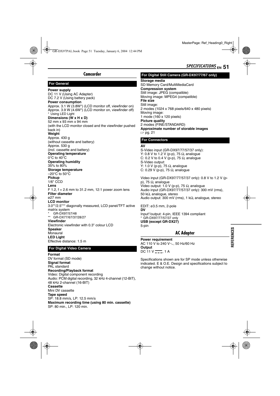 Specifications, Camcorder, Ac adapter | JVC GR-DX28 User Manual | Page 51 / 52