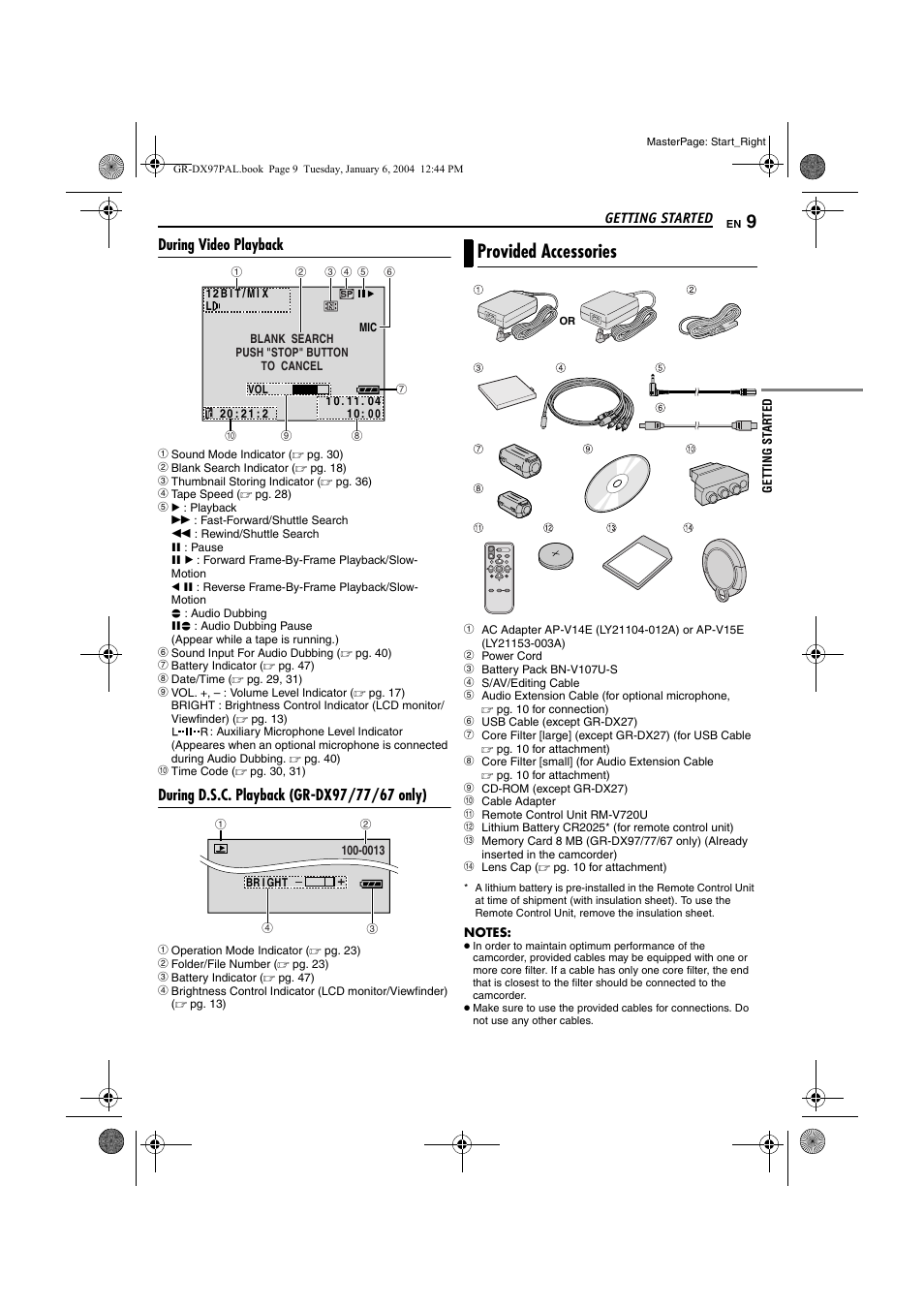 During video playback, During d.s.c. playback (gr-dx97/77/67 only), Provided accessories | JVC GR-DX28 User Manual | Page 9 / 52