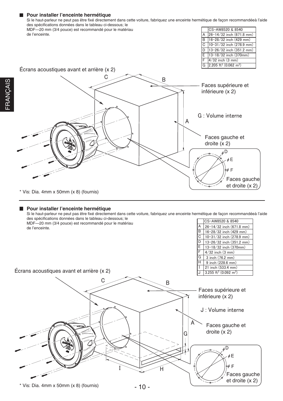 Français j : volume interne g : volume interne | JVC CS-AW8540 User Manual | Page 10 / 19