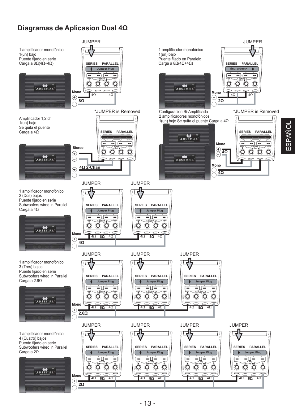 Diagramas de aplicasion dual 4ω - 13, Espa ń ol, Jumper | Jumper is removed | JVC CS-AW8540 User Manual | Page 13 / 19