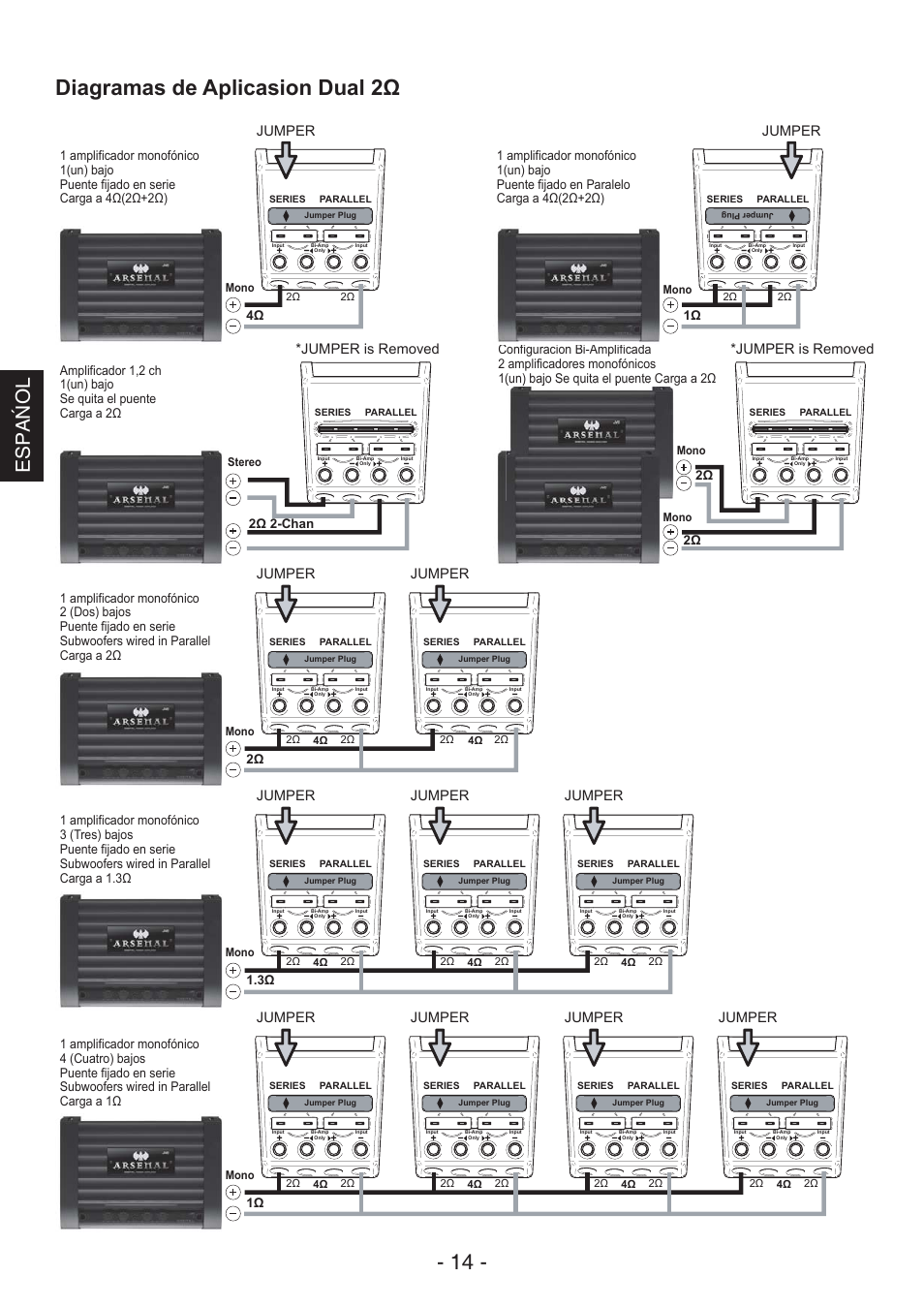 Diagramas de aplicasion dual 2ω - 14, Espa ń ol, Jumper | Jumper is removed | JVC CS-AW8540 User Manual | Page 14 / 19