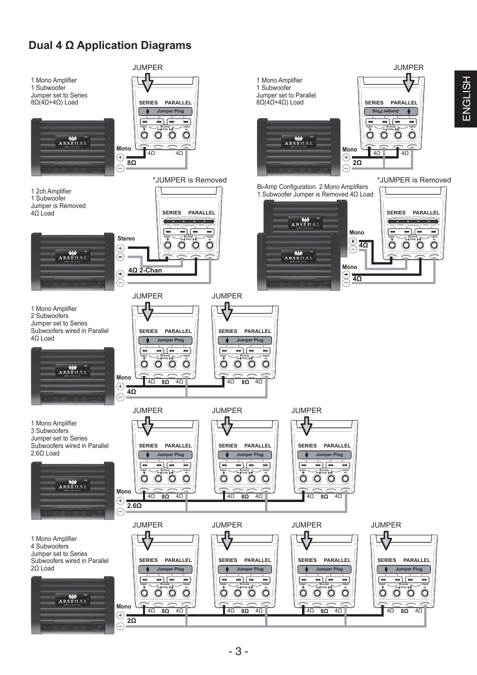 Dual 4 ω application diagrams - 3, English, Jumper | Jumper is removed | JVC CS-AW8540 User Manual | Page 3 / 19