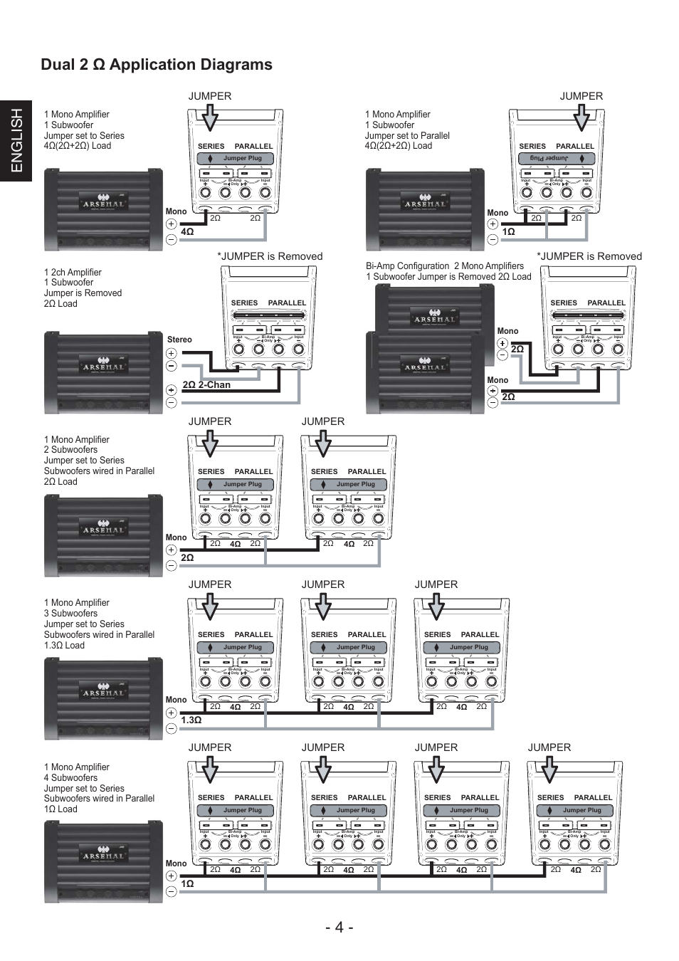 Dual 2 ω application diagrams - 4, English, Jumper | Jumper is removed | JVC CS-AW8540 User Manual | Page 4 / 19