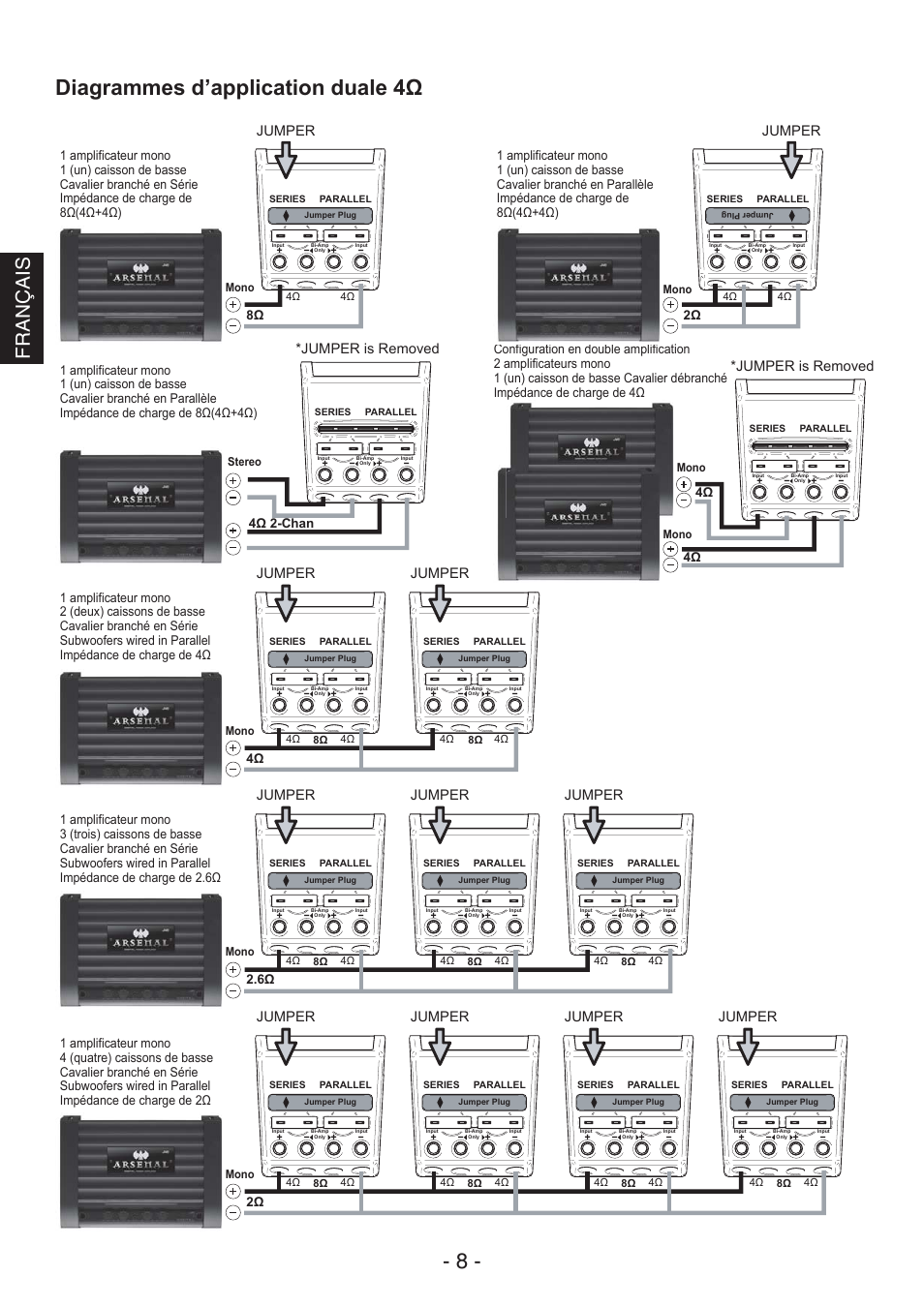 Diagrammes d’application duale 4ω - 8, Français, Jumper | Jumper is removed | JVC CS-AW8540 User Manual | Page 8 / 19