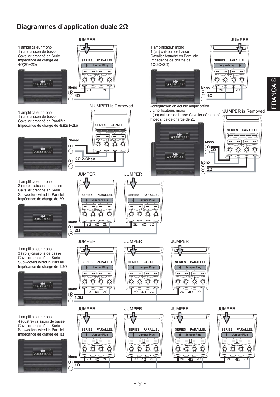 Diagrammes d’application duale 2ω - 9, Français, Jumper | Jumper is removed | JVC CS-AW8540 User Manual | Page 9 / 19