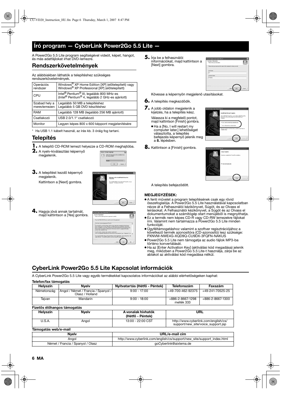 Rendszerkövetelmények, Telepítés, Cyberlink power2go 5.5 lite kapcsolat információk | Író program — cyberlink power2go 5.5 lite | JVC CU-VD20EK User Manual | Page 104 / 136