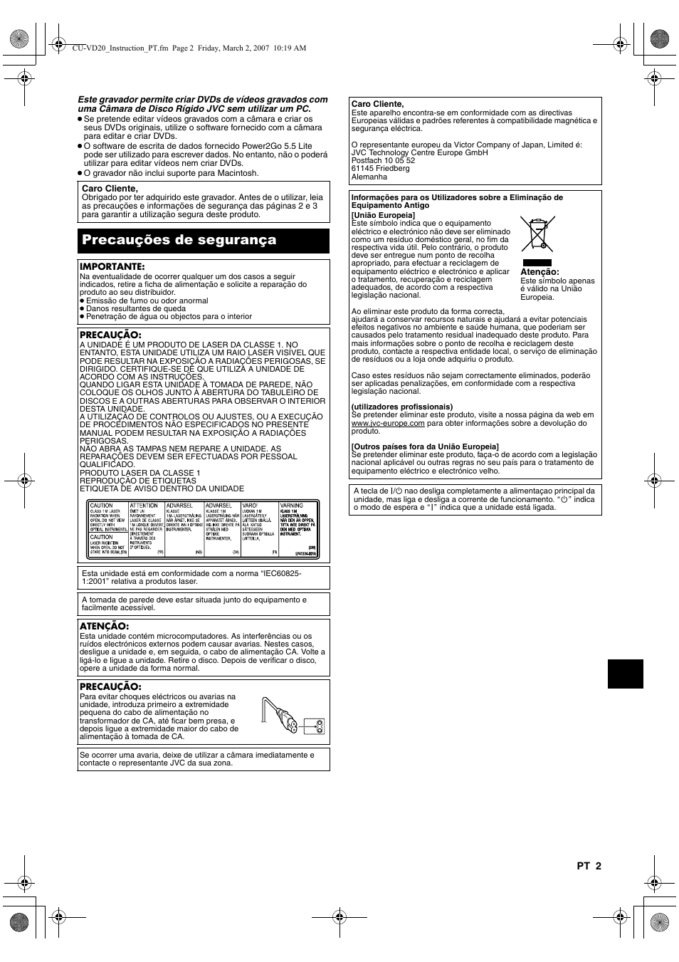 Precauções de segurança | JVC CU-VD20EK User Manual | Page 107 / 136