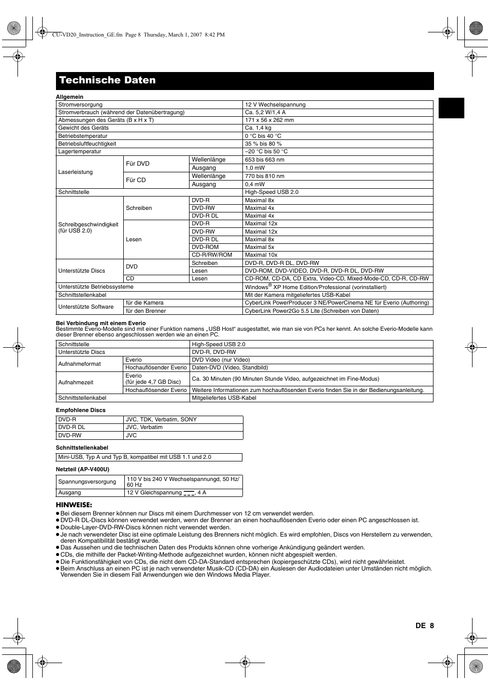 A s. 8), Technische daten | JVC CU-VD20EK User Manual | Page 15 / 136