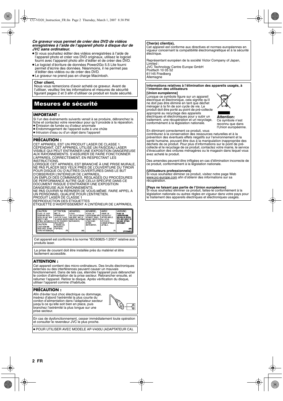 Mesures de sécurité | JVC CU-VD20EK User Manual | Page 16 / 136