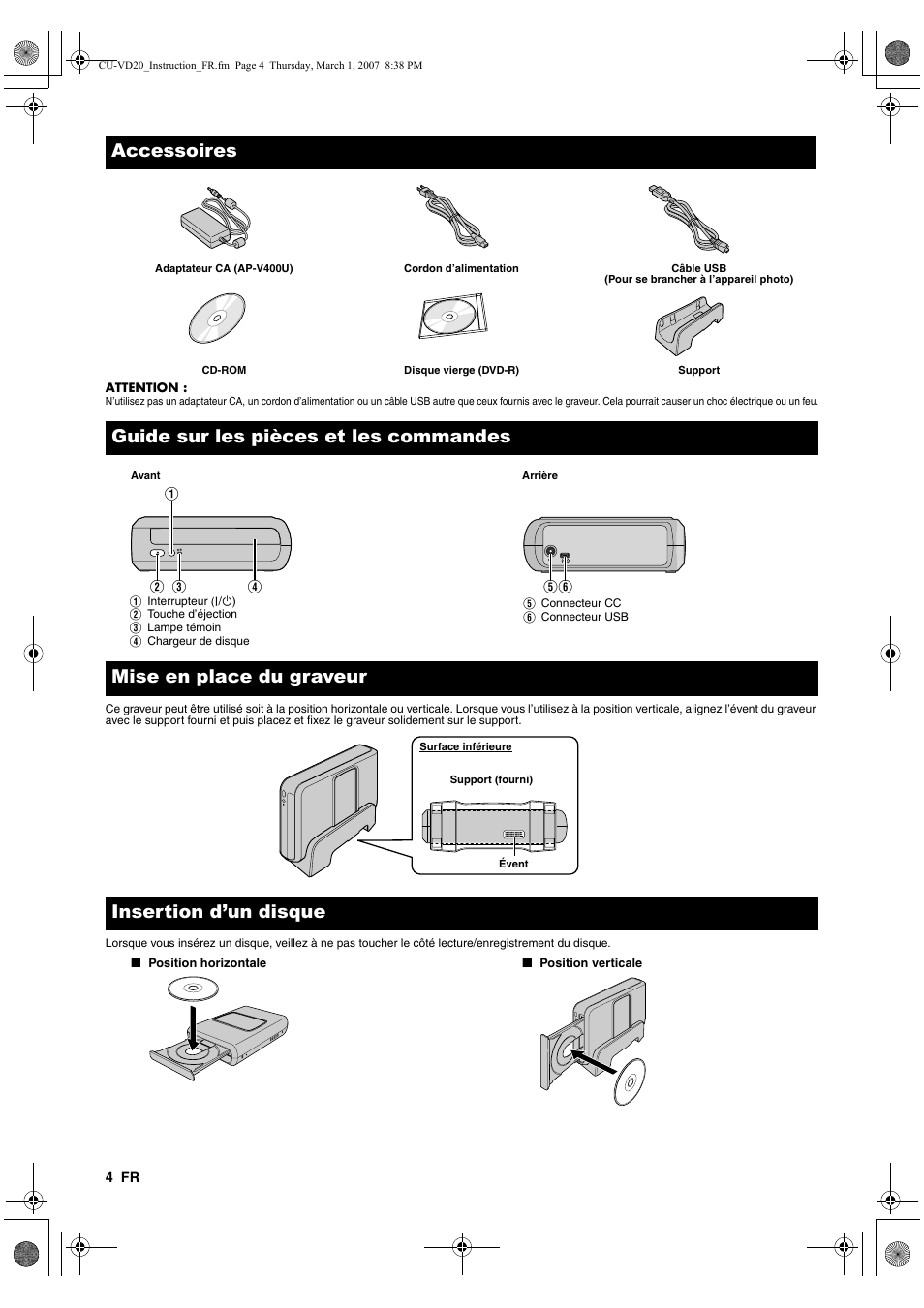 Accessoires, Insertion d’un disque | JVC CU-VD20EK User Manual | Page 18 / 136