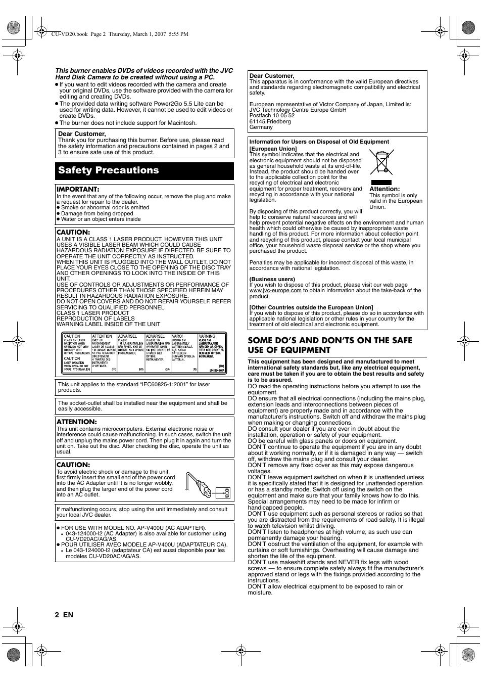 Safety precautions, Some do’s and don’ts on the safe use of equipment | JVC CU-VD20EK User Manual | Page 2 / 136