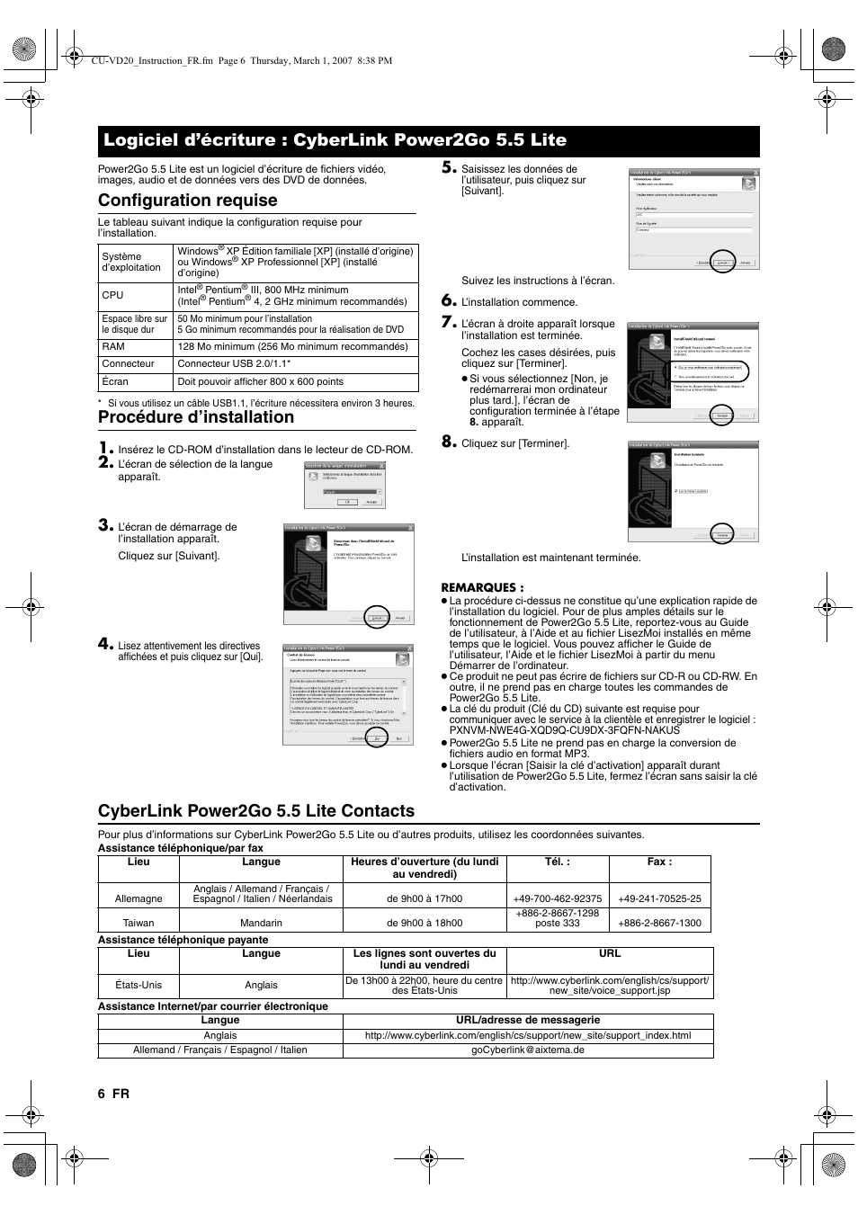 Configuration requise, Procédure d’installation, Cyberlink power2go 5.5 lite contacts | Logiciel d’écriture : cyberlink power2go 5.5 lite | JVC CU-VD20EK User Manual | Page 20 / 136