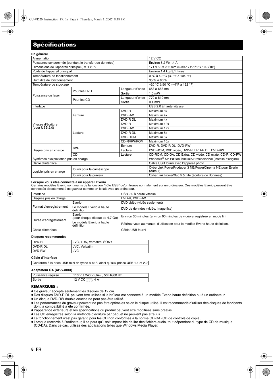 A p. 8), Spécifications | JVC CU-VD20EK User Manual | Page 22 / 136