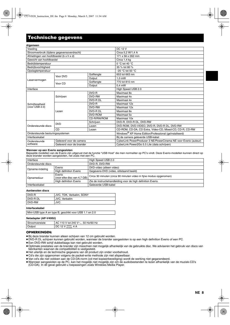 A pag. 8), Technische gegevens | JVC CU-VD20EK User Manual | Page 29 / 136