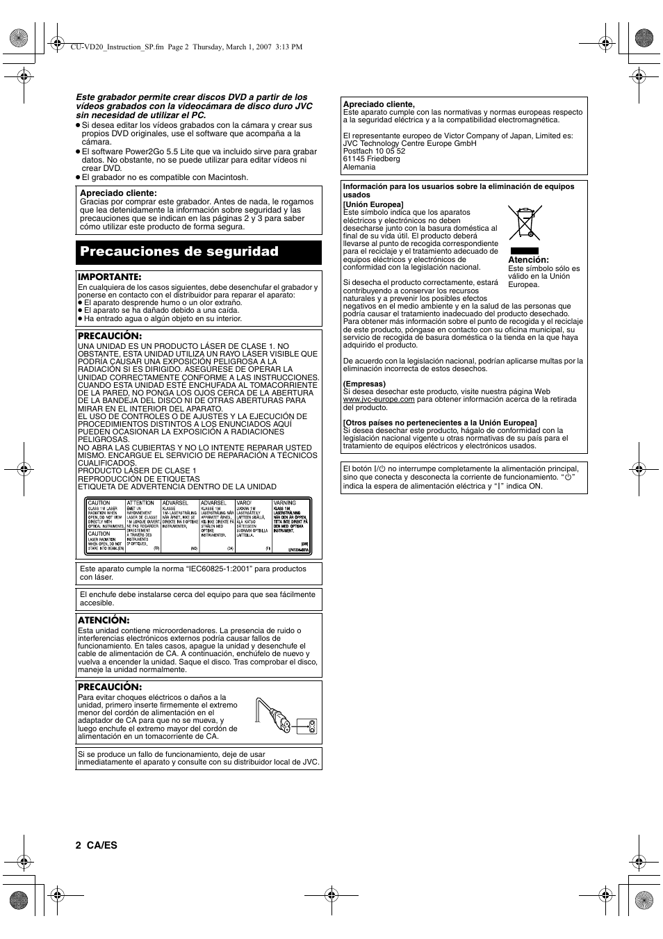 Precauciones de seguridad | JVC CU-VD20EK User Manual | Page 30 / 136