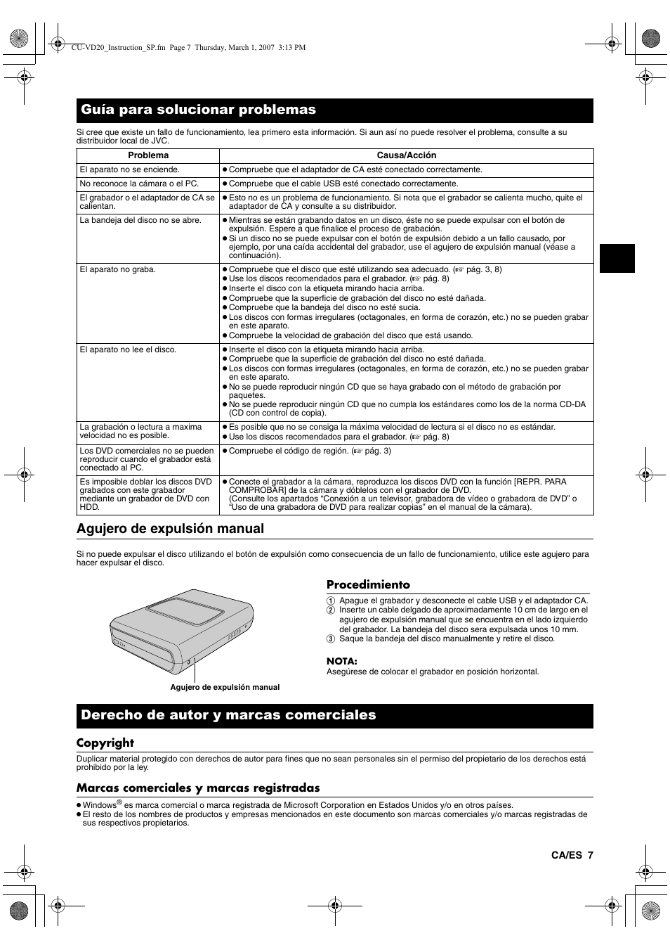 Agujero de expulsión manual, Guía para solucionar problemas, Derecho de autor y marcas comerciales | JVC CU-VD20EK User Manual | Page 35 / 136