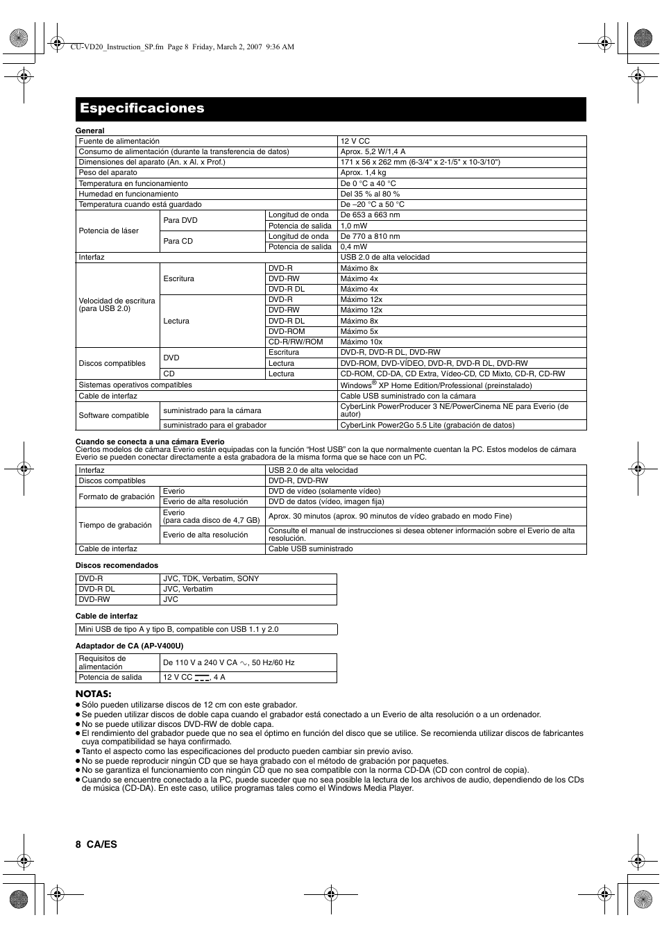 A pág. 8), Especificaciones | JVC CU-VD20EK User Manual | Page 36 / 136