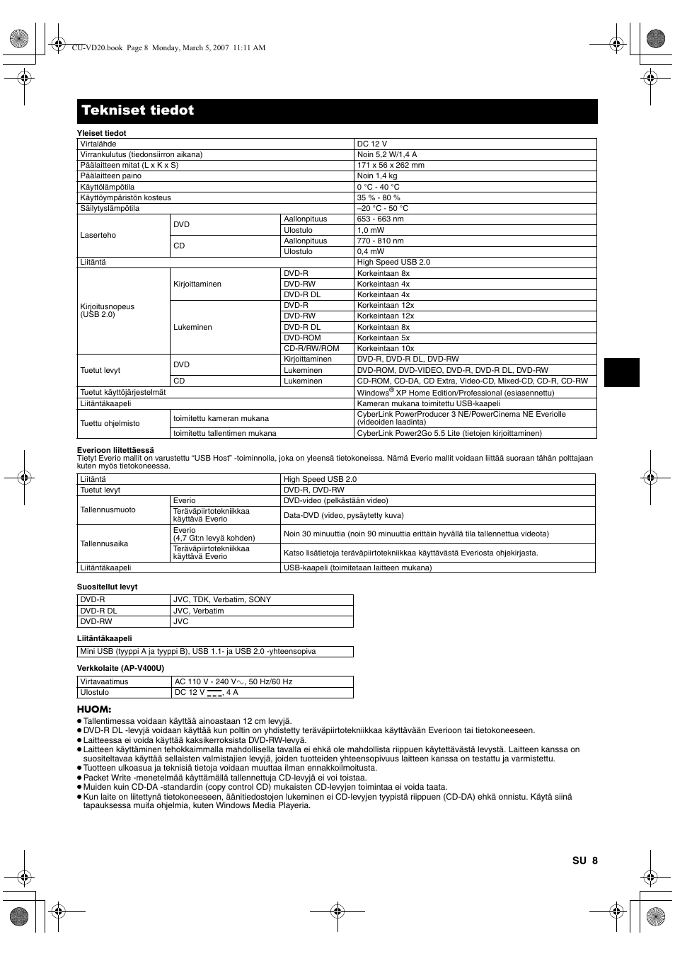 A sivu 8), Tekniset tiedot | JVC CU-VD20EK User Manual | Page 57 / 136