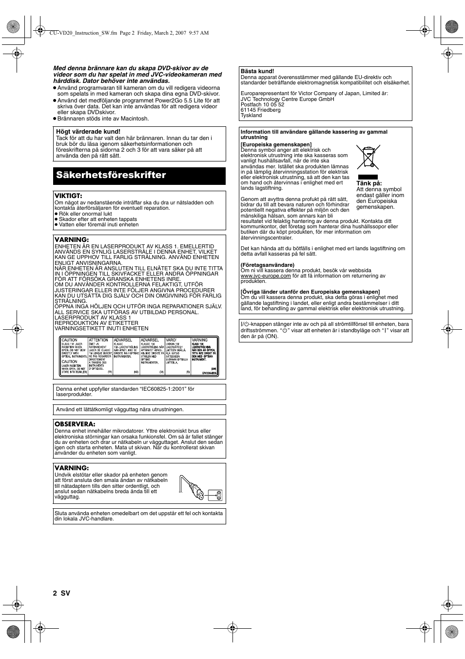 Säkerhetsföreskrifter | JVC CU-VD20EK User Manual | Page 58 / 136