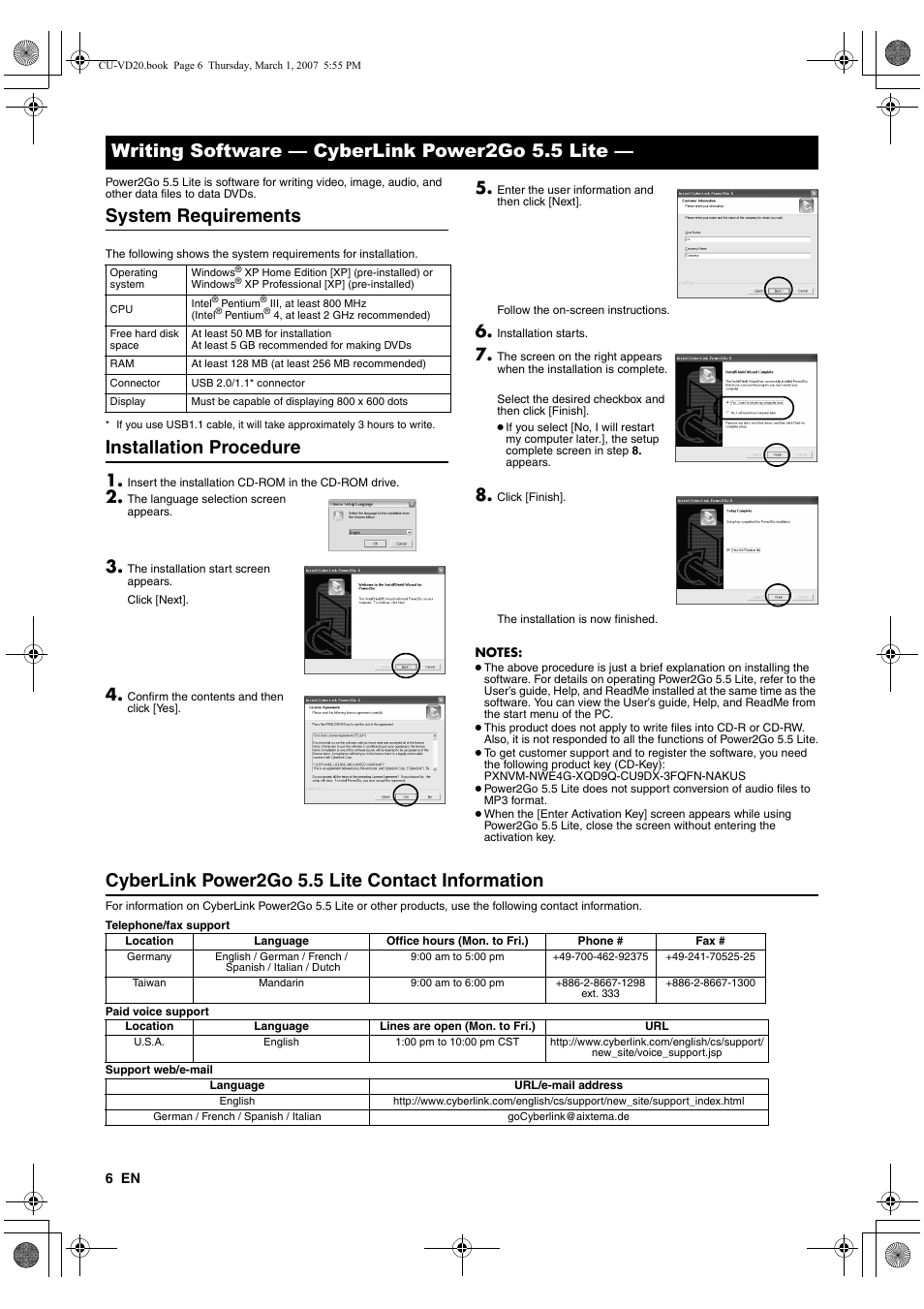 System requirements, Installation procedure, Cyberlink power2go 5.5 lite contact information | Writing software — cyberlink power2go 5.5 lite | JVC CU-VD20EK User Manual | Page 6 / 136