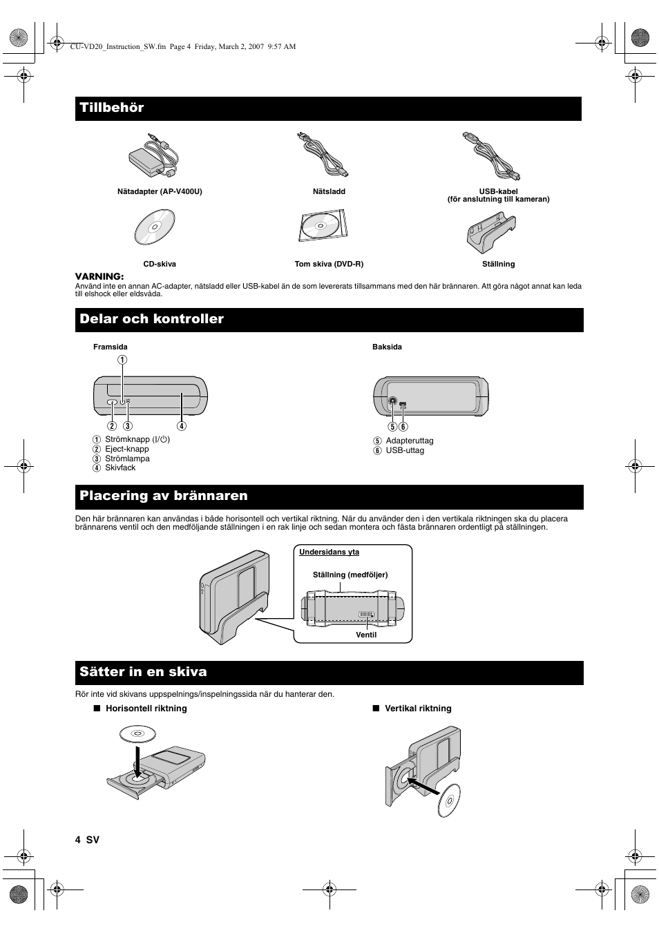 Tillbehör, Delar och kontroller placering av brännaren, Sätter in en skiva | JVC CU-VD20EK User Manual | Page 60 / 136
